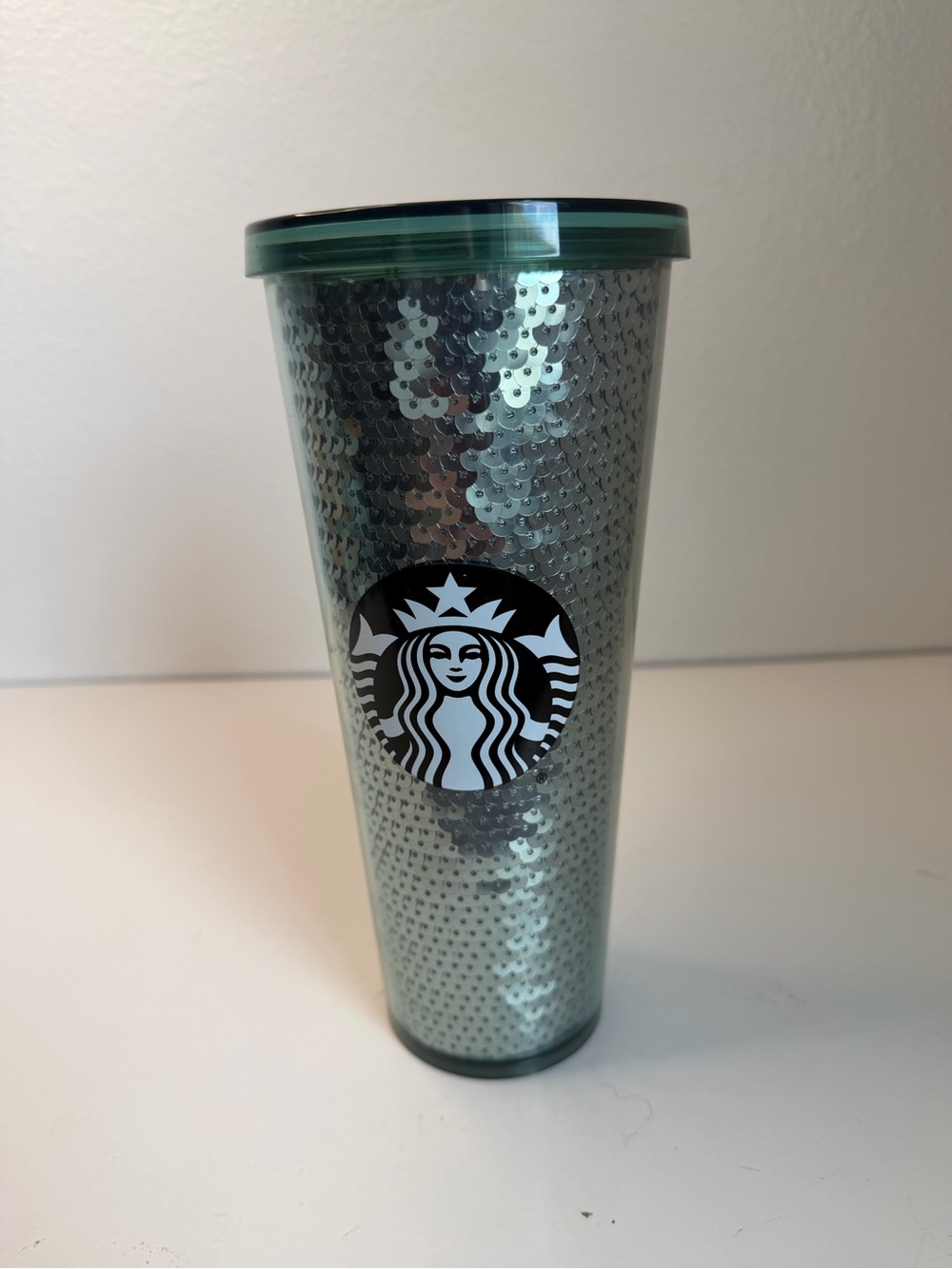 Starbucks 24 Oz Silver/Green Sequin Shiny Iridescent Cold Cup Tumbler No Straw